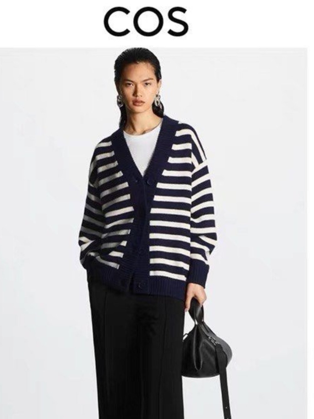 COS Navy and White Striped Button-Front oversized Cardigan Sweater XS